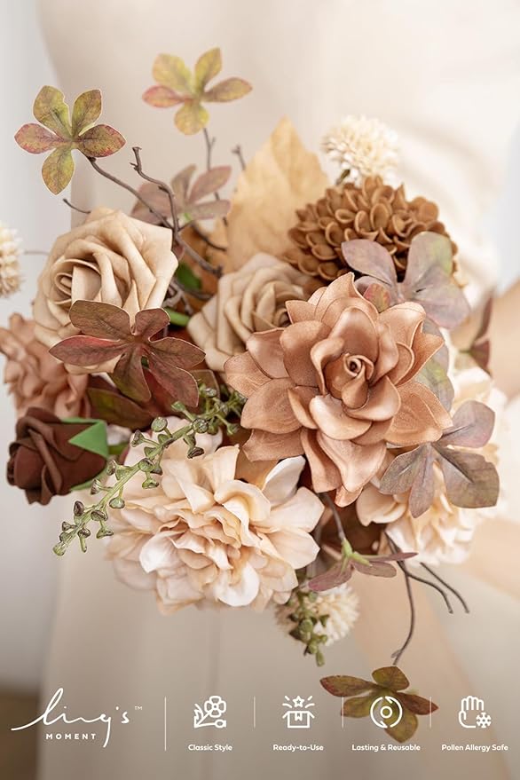 Ling's moment Gold Sparrow Bridesmaid Bouquet, Wedding Bouquets for Bridesmaids, 7 Inch Bridal Bouquets for Bridesmaids, Wedding, Ceremony, Anniversary, etc.