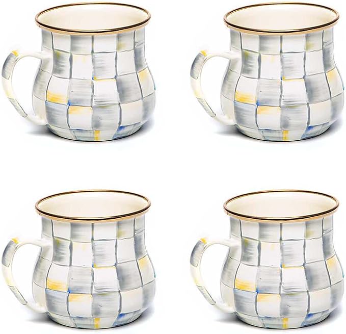 MACKENZIE-CHILDS Enamel Mug, Cute Enamelware Coffee and Tea Mug, Unique Drinkware, 16 Ounces, Gray-and-White Sterling Check, Set of 4