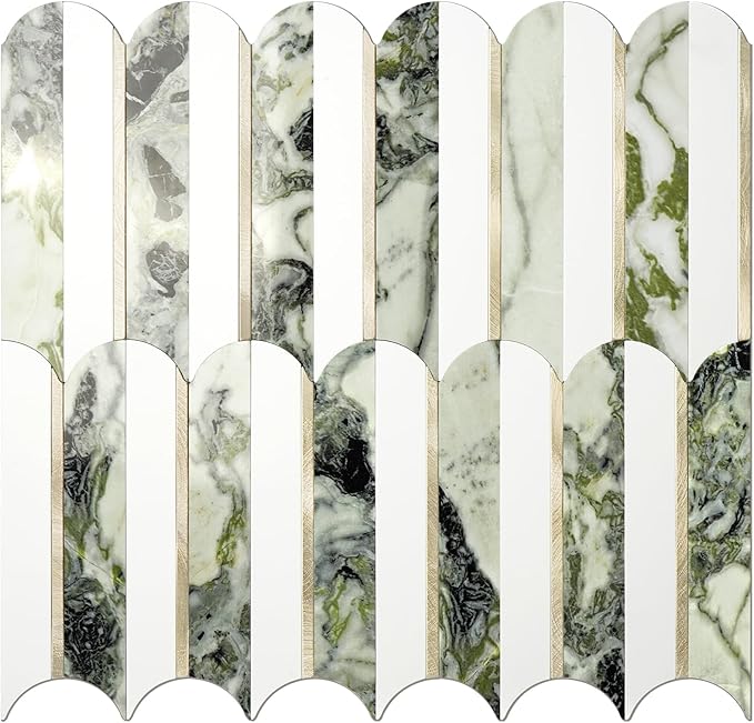 Vamos Tile Peel and Stick Backsplash Seamless Tile,10-Sheets Stick on Backsplash for Kitchen and Bathroom, Pure White+Ice Green Marble+Light Gold PVC Self Adhesive Mosaic Tiles