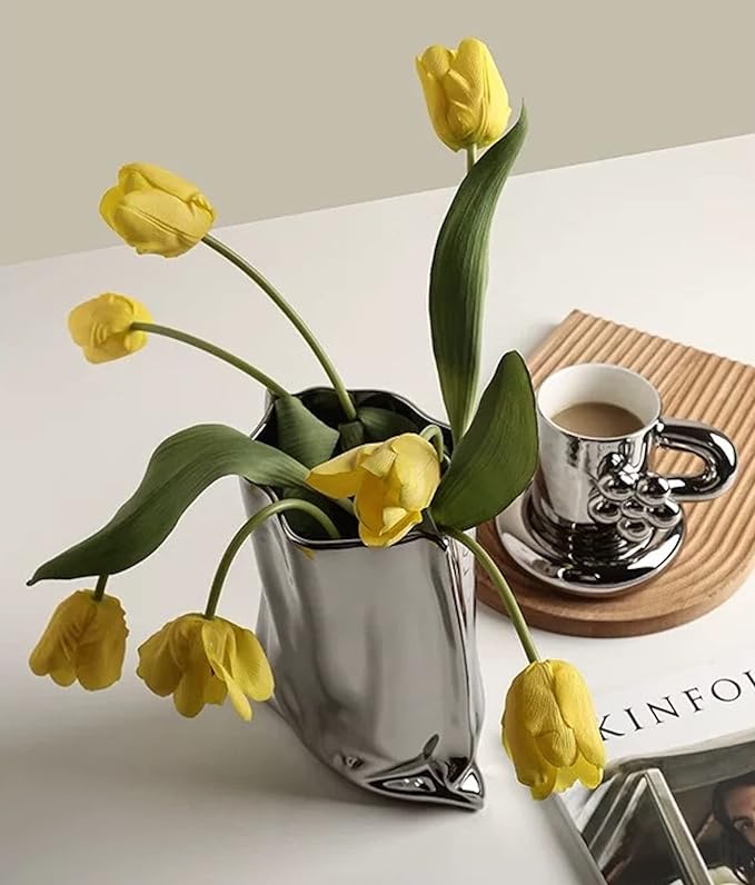 BLOFLO Silver Ceramic Modern Vase Crinkle Fold Paper Bag Handmade Ceramic Vase, Creative Flower Arrangement Ornaments, Decorative Vases for Home Decor, Mantel, Living Room Decoration (Silver)