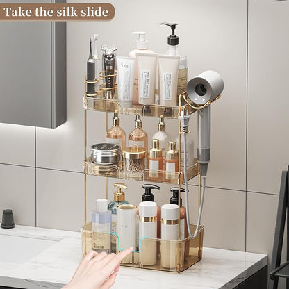 3 Tier Bathroom Organizer Countertop Makeup Perfume Skincare Organizer Comes with Hair Dryer Rack and Toothbrush Holder for Bathroom Dresser Vanity (Gold)