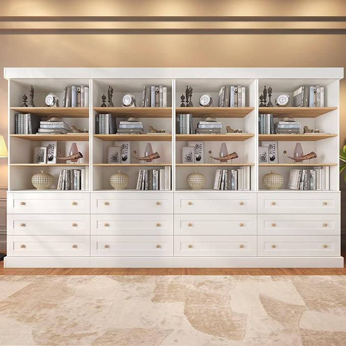 Vyre 71" Tall Farmhouse Bookshelves with Drawers, Set of 4 – Large Modular Bookcase with Adjustable Shelves, Storage Cabinet for Living Room, Kitchen, Home Office, White