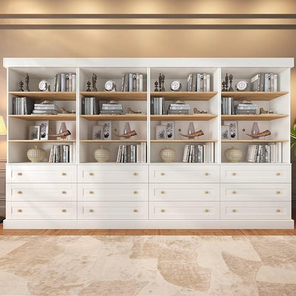 Vyre 71" Tall Farmhouse Bookshelves with Drawers, Set of 4 – Large Modular Bookcase with Adjustable Shelves, Storage Cabinet for Living Room, Kitchen, Home Office, White