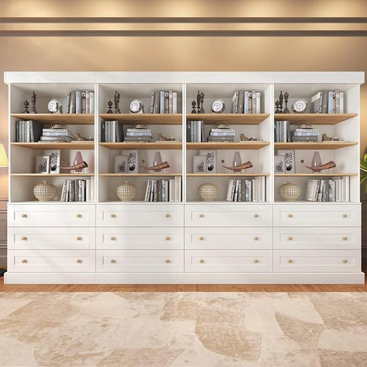 Vyre 71" Tall Farmhouse Bookshelves with Drawers, Set of 4 – Large Modular Bookcase with Adjustable Shelves, Storage Cabinet for Living Room, Kitchen, Home Office, White