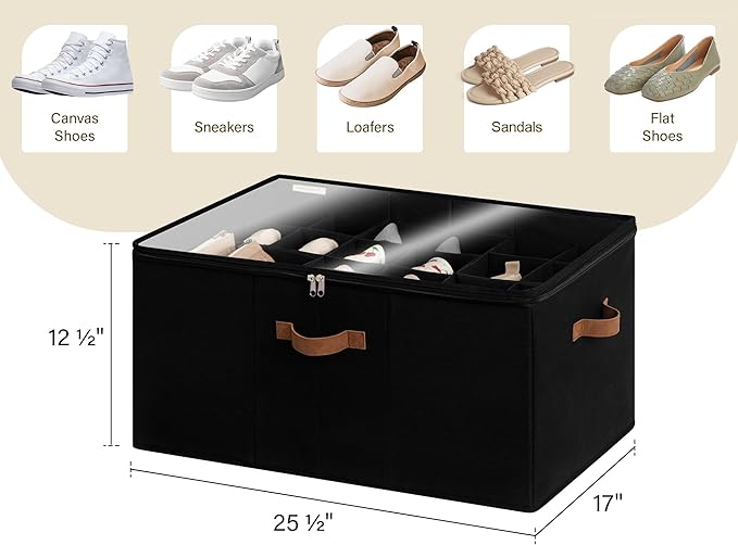 StorageWorks Shoe Organizer for Closet, Fits up to 24 Pairs, Shoe Cubby Storage Containers with Adjustable Dividers and Clear Cover, Black