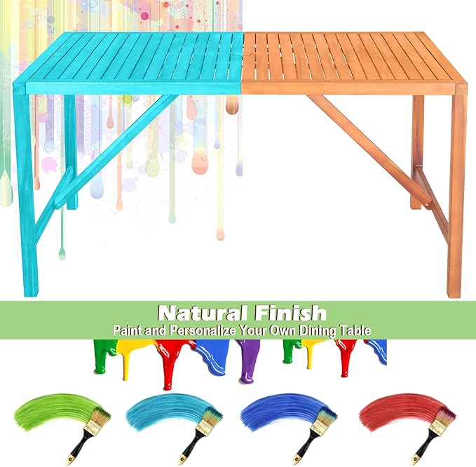 Tangkula Indoor Outdoor Acacia Wood Dining Table for 4-6 Person, Patio Rectangular Dining Table with 2 Inch Umbrella Hole and Support Bars, Outdoor Patio Table