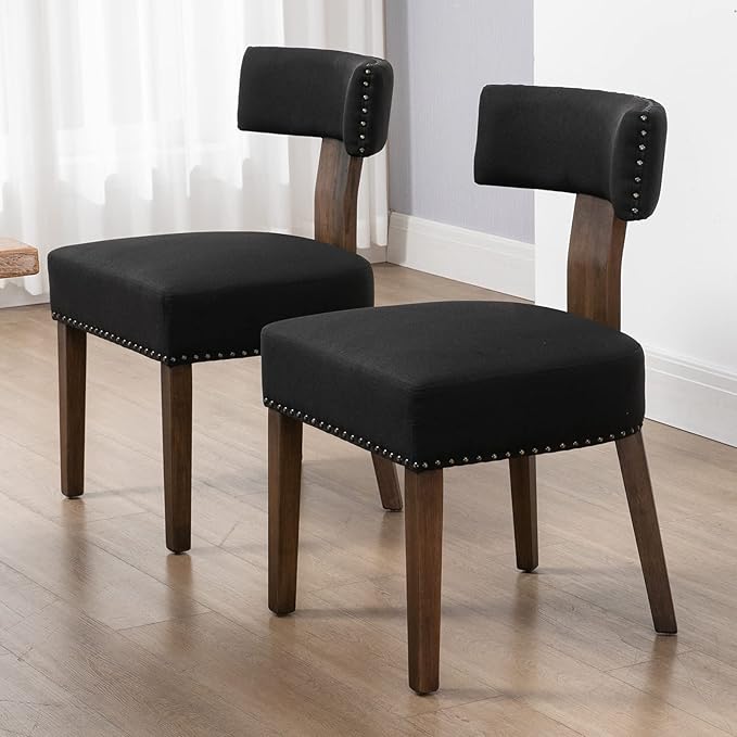 Upholstered Wooden Farmhouse Dining Chairs Set of 6, Mid-Century Modern Fabric Dining Room Chairs with Wood Legs, Curved Backrest Kitchen Armless for Living Room, Black