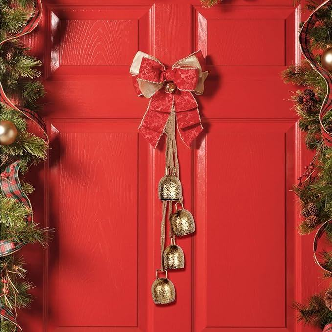 Styleonme Decorative Bells, Christmas Decor, Huangma Hanging Rope Metal Decorative Bull Bells, 4 * 2 Piece Set of Harmonious Bells, Vintage Handmade Rustic Lucky Christmas Bells