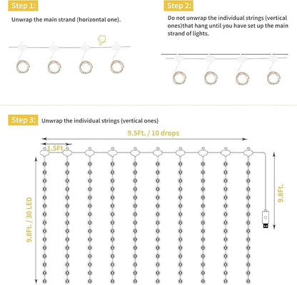 Minetom Curtain Lights, 300 LED Dimmable Fairy Lights with Remote and Timer, 8 Modes, USB Powered String Lights for Room Wall Party Xmas Indoor Decor, Warm White