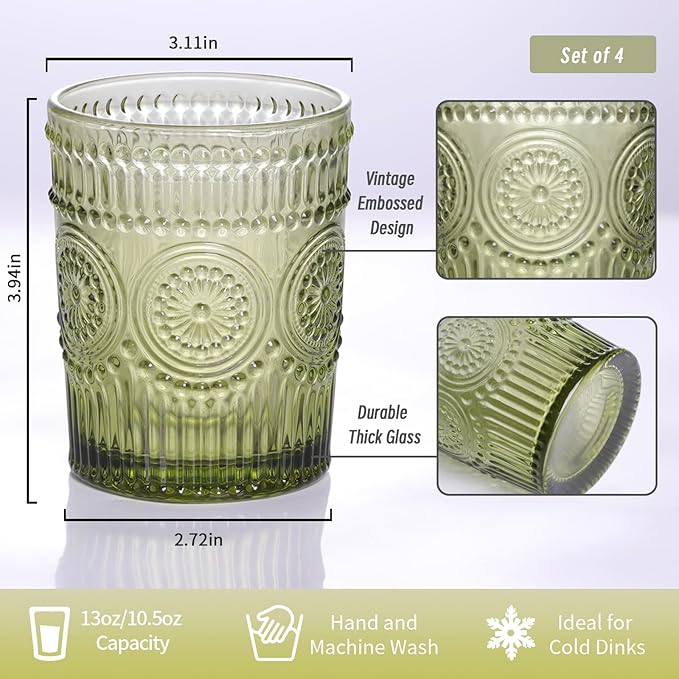 Vintage Glassware Drinking Glasses Set of 4-10.5 oz Green Glasses Water Tumbler, Embossed Glassware Cups for Juice, Beer, Cocktail, Whiskey, Various Mixed Drinks