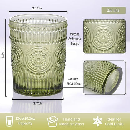 Vintage Glassware Drinking Glasses Set of 4-10.5 oz Green Glasses Water Tumbler, Embossed Glassware Cups for Juice, Beer, Cocktail, Whiskey, Various Mixed Drinks
