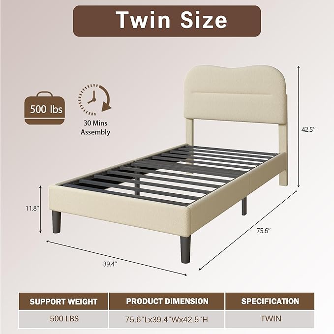 Twin Bed Frames with Headboard, Upholstered Bed Frame Twin, Teddy Soft Boucle Fabric Twin Size bedframes, Soft Cloud Marshmallow Shape Upholstered Headboard, No Box Spring Needed, Noise Free (Beige)