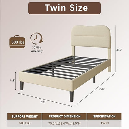 Twin Bed Frames with Headboard, Upholstered Bed Frame Twin, Teddy Soft Boucle Fabric Twin Size bedframes, Soft Cloud Marshmallow Shape Upholstered Headboard, No Box Spring Needed, Noise Free (Beige)