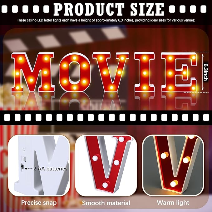 Movie Night Light up Letters Sign Party Decor Battery Powered Marquee Lighted Sign Alphabet LED Letter Lights for Xmas Movie Night Theme Party Birthday Home Tabletop Decor Supplies Xmas Gift