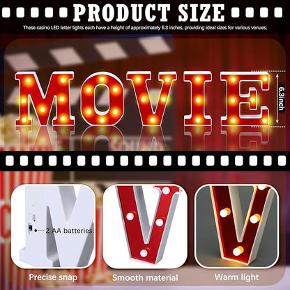 Movie Night Light up Letters Sign Party Decor Battery Powered Marquee Lighted Sign Alphabet LED Letter Lights for Xmas Movie Night Theme Party Birthday Home Tabletop Decor Supplies Xmas Gift