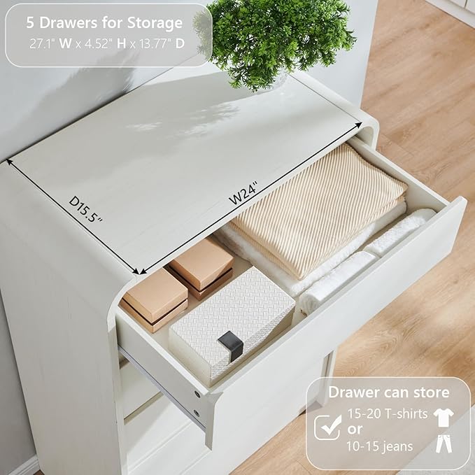 Modern 5 Drawers Dresser for Bedroom, 45" Tall Dressers & Chests of Drawers w/Curved Profile Design, Wood Mid Century Vertical Dresser w/Natural Texture for Bedroom, Living Room, Antique White