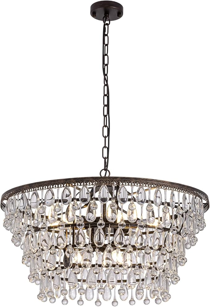 Vintage Crystal Chandeliers for Dining Room Light Fixture, 9-Light 5-Tier Antique Bronze Chandelier for Kitchen Island Bar Living Room Foyer Entryway, D28'' xH17''