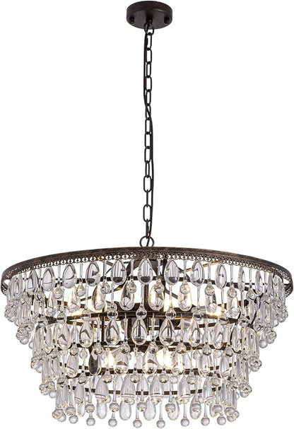 Vintage Crystal Chandeliers for Dining Room Light Fixture, 9-Light 5-Tier Antique Bronze Chandelier for Kitchen Island Bar Living Room Foyer Entryway, D28'' xH17''