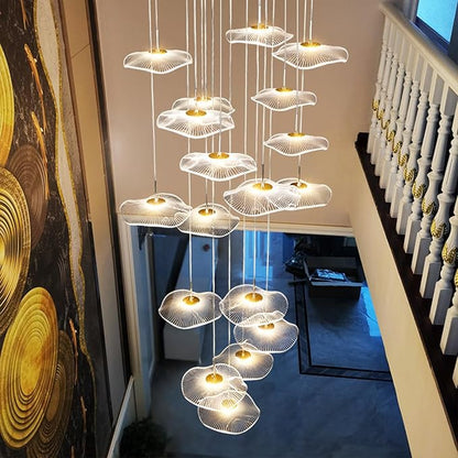 ziidoo High Ceiling Chandelier - 18-Light Dimmable Modern Gold Long Spiral Luxury Linear Lotus Leaf Led Lamp Hanging Pendant Lights for Foyer Enterway Staircase Villas