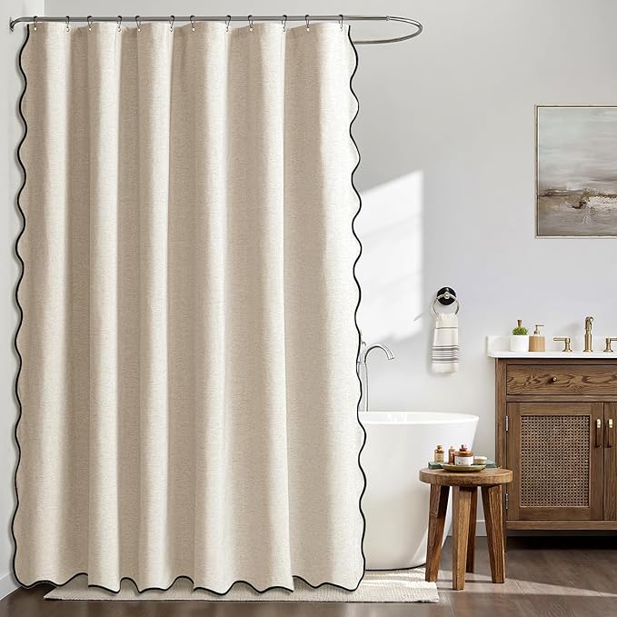 MIULEE 84" Long Scalloped Shower Curtain Linen Textured with 12 Metal Hooks Cute Extra Long Heavy Duty Washable Waterproof Cloth Shower Curtains with Black Border for Bathroom Hotel Bathtub,Beige