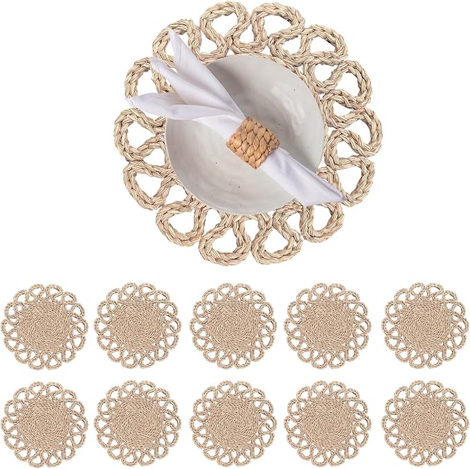 13.8" Set of 10 Round Seagrass Placemats | Boho Woven Rattan Table Mats | Farmhouse Wicker Spring Plate Chargers Like Water Hyacinth, Corn Husk for Wedding, Party, Christmas, Events
