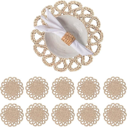 13.8" Set of 10 Round Seagrass Placemats | Boho Woven Rattan Table Mats | Farmhouse Wicker Spring Plate Chargers Like Water Hyacinth, Corn Husk for Wedding, Party, Christmas, Events