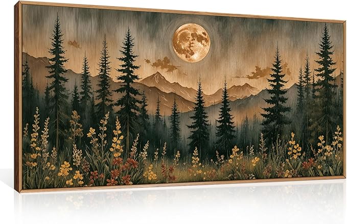HOURIA Nature Forest Mountain Framed Canvas Wall Art Set,Moonlight Pine Tree Flower Wall Decor,Wilderness Field Wall Painting,Vintage Botanical Art Prints for Living Room,Bedroom,Farmhouse- 20"x40"x1