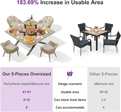 PURPLE LEAF 5 Pieces Oversized Square Patio Dining Set with Outdoor Aluminium Dining Table and Woven Chairs Modern Metal Furniture Cushions Sets for Garden Yard Indoor Decor Kitchen Champagne