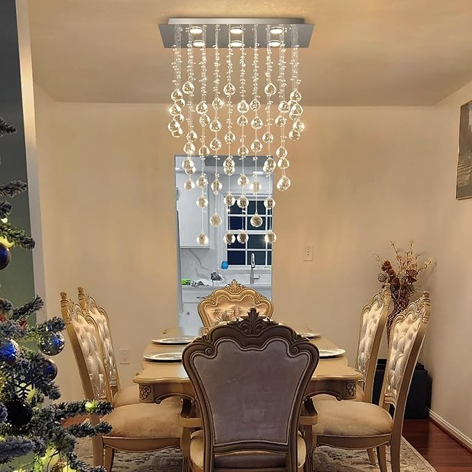 Glam Crystal Chandelier with Bulb Rain Drop Pendants Ceiling Light LED Lighting Rectangular Dining Room Light Fixture Dimmable LED Light
