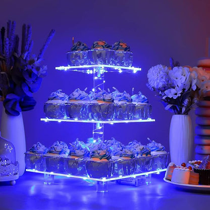 YestBuy 3 Tier Square Cupcake Stand - Premium Cupcake Holder - Acrylic Cupcake Tower Display - Cady Bar Party Décor + LED Light String - Ideal for Weddings, Birthday Parties( Blue Light)