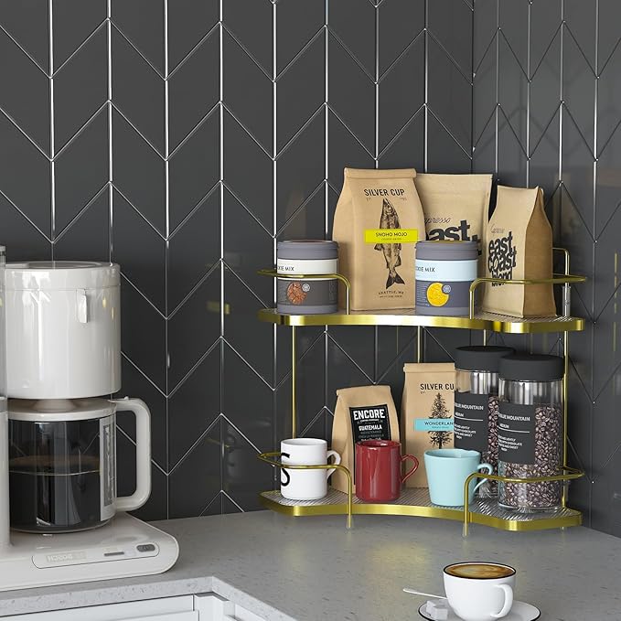 FOLLOWIN 2 Tier Bathroom Corner Countertop Organizer,Make Up Organizers and Storage,Corner Counter Shelf,Skincare Makeup Cosmetic Vanity Lotion Perfume Organizers Holder,Shine Gold