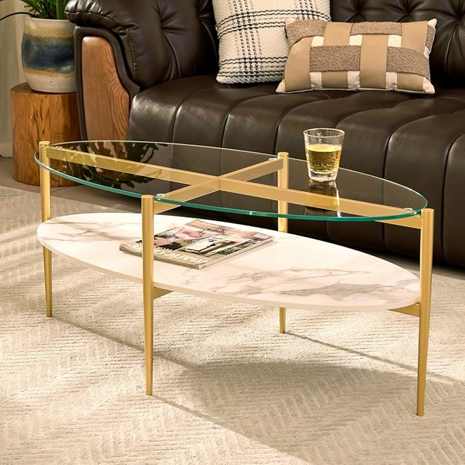 AGV LIGHTING Oval Coffee Table, Mid-Century Modern Coffee Table, Glass Coffee Table, Glod Finish Legs, Thick Tempered Glass Top with White Marble MDF Shelf