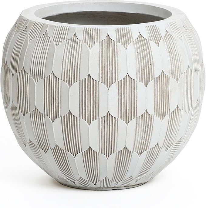 LuxenHome 14" Dia Round Concrete Planter, Indoor Outdoor Large Plant Pot with Drainage Hole and Rubber Plug, Flower Pot for Plants, Modern Geometric Weathered Planter Pot for Home Patio Garden