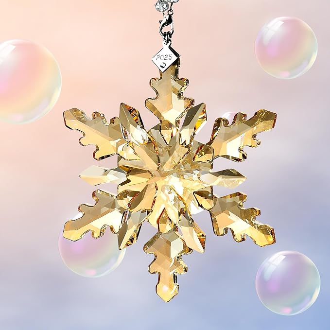 2025 Annual Edition Snowflake Crystal Christmas Ornaments,Christmas Tree Ornaments Crystal Sun Catcher Home Hanging Decor (25-Champagne Gold)