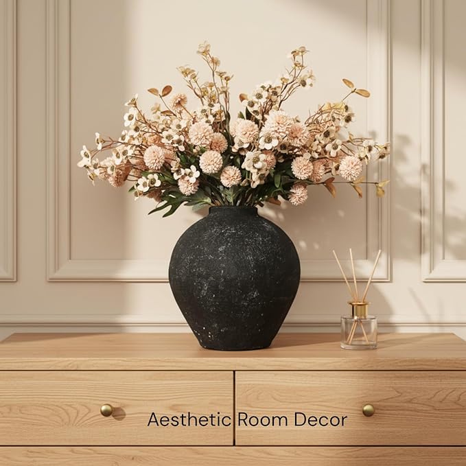 Beige Silk Flower Arrangements For Home Decor, Large Floral Centerpieces For Tables, Fake Mums + Eucalyptus + Wild Flowers in Bulk, Long Stem Artificial Flowers, Faux Mums Flowers