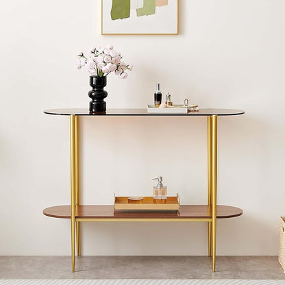 Oval Glass Console Table for Living Room, Foyer & Entrance, 2-Tiers Mid-Century Modern Sofa Table with Amber Glass Top, Walnut Finish Wood Top and Gold Finish Metal Frame