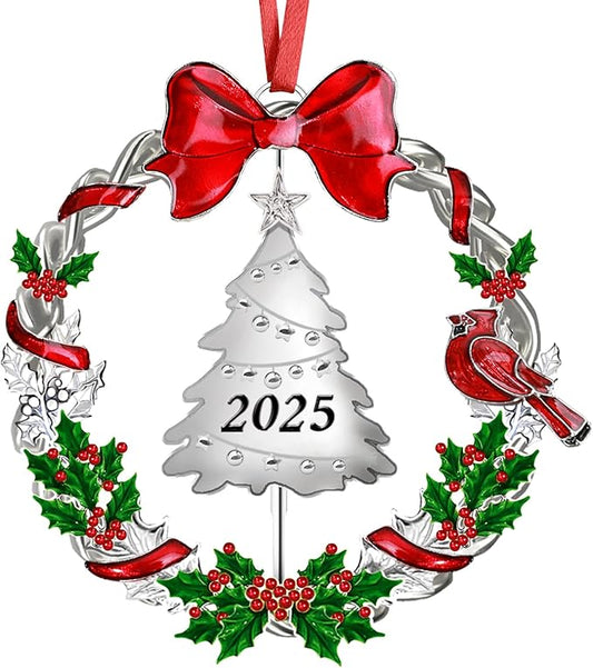 Christmas Ornament 2025 for Christmas Tree Decorations，Dated 2025 Christmas Wreath Ornament with Rotatable Tree for Holiday Decorative Keepsake Gift(Metal,1 Pack)
