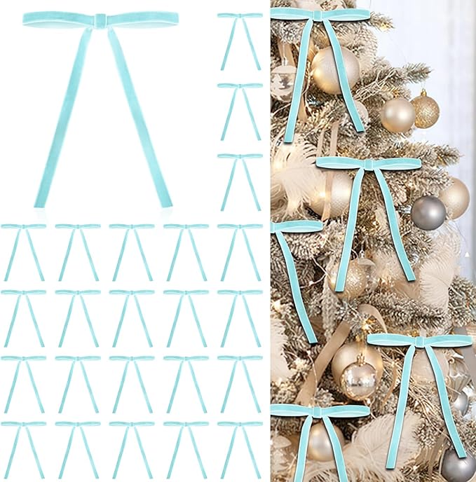 24 Pcs Blue Velvet Bows for Christmas Tree, Elegant Christmas Tree Bows, 5x7 Inch Pre-Tied Ribbon Bows for Wreaths, Gifts, and Holiday Décor, Velvet Bow Ornaments for Xmas Trees