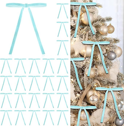 24 Pcs Blue Velvet Bows for Christmas Tree, Elegant Christmas Tree Bows, 5x7 Inch Pre-Tied Ribbon Bows for Wreaths, Gifts, and Holiday Décor, Velvet Bow Ornaments for Xmas Trees