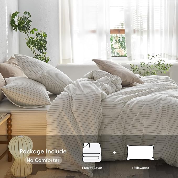 MooMee Striped Duvet Cover Set 100% Washed Cotton Linen Like Textured Breathable Durable Soft Comfy (White Sage Green Wide Stripes, Twin 68"x90")