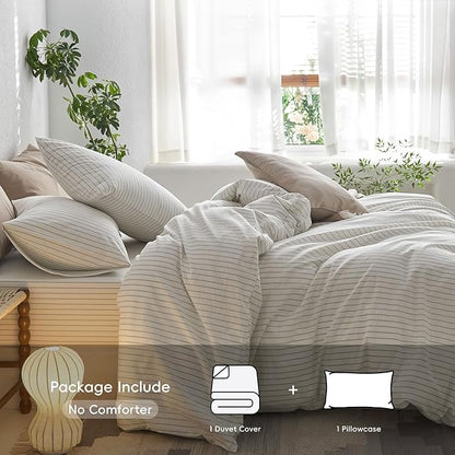 MooMee Striped Duvet Cover Set 100% Washed Cotton Linen Like Textured Breathable Durable Soft Comfy (White Sage Green Wide Stripes, Twin 68"x90")