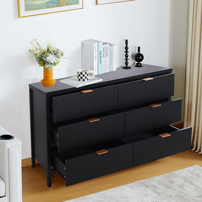 Fluted 6 Drawer Double Dresser for Bedroom, 47" Wide Modern Closet Dressers Chest of Drawers, Wood Storage Dresser Organizer for Nursery Bedroom Living Room Hallway Closet, Black