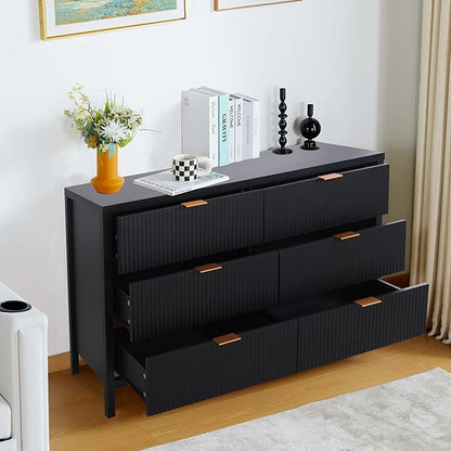Fluted 6 Drawer Double Dresser for Bedroom, 47" Wide Modern Closet Dressers Chest of Drawers, Wood Storage Dresser Organizer for Nursery Bedroom Living Room Hallway Closet, Black