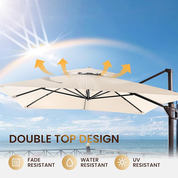 10 X 13 FT Cantilever Patio Umbrella Outdoor Heavy Duty Double Top Windproof Rectangle Offset Umbrellas with 360-degree Rotation for Pool Deck Backyard, Beige