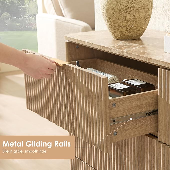 Fluted 6 Drawer Dresser for Bedroom, 54.5" Wide Modern Chest of Drawers with Faux Marble Top, Curved Corners, Wooden Dresser TV Stand with Organizer Storage for Living Room, Natural Oak