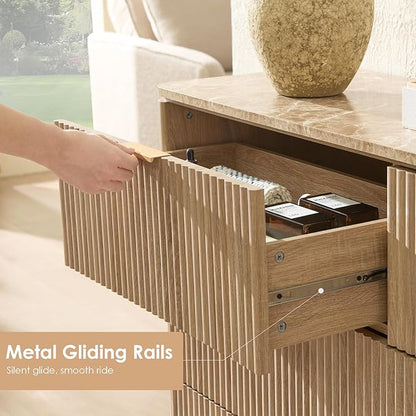 Fluted 6 Drawer Dresser for Bedroom, 54.5" Wide Modern Chest of Drawers with Faux Marble Top, Curved Corners, Wooden Dresser TV Stand with Organizer Storage for Living Room, Natural Oak