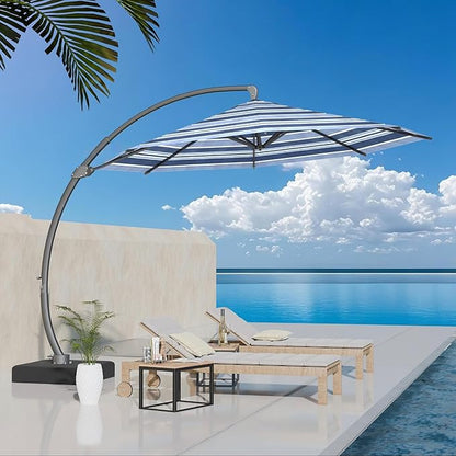 Kingdura 11ft Offset Cantilever Patio Umbrella with Base Included, Large Round Aluminum Outdoor Umbrella with 100% Acrylic Fabric, 360° Rotation & Infinite Tilt for Deck Pool Backyard, Blue Stripes