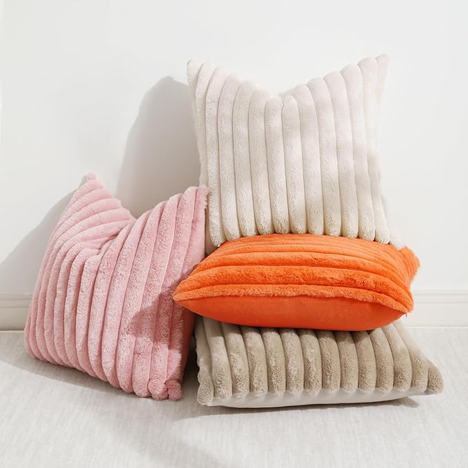decorUhome Faux Fur Fall Throw Pillow Covers 12x20 Set of 2, Decorative Soft Plush Striped Lumbar Neutral Euro Pillow Covers with Velvet Back for Bed, Living Room Home Decor, Orange