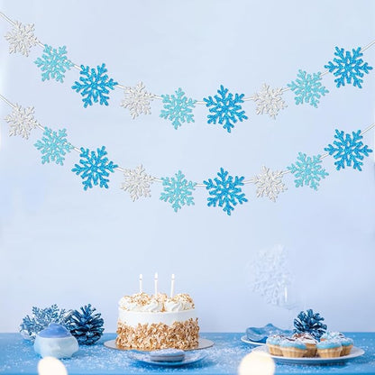 2Pack Silver Blue Snowflake Garland Winter Wonderland Decorations, Glitter Snowflake Banner for Boy Frozen Birthday Party Decorations and Christmas Baby Shower Party Supplies, No DIY.