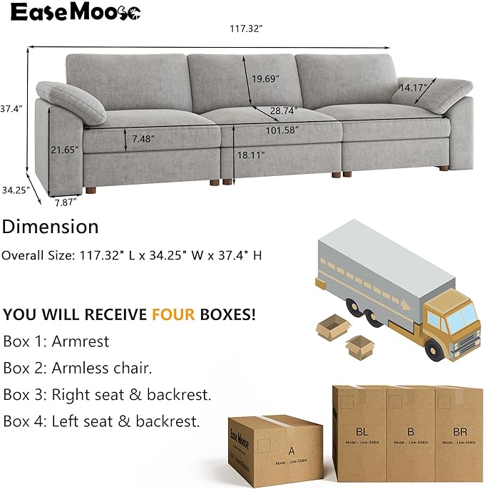 EASE MOOSE Sectional Modular Sofa, Comfty 3 Seat Cloud Couch, FSC Certified Modern Deep Seat Sectional for Living Room,Grey
